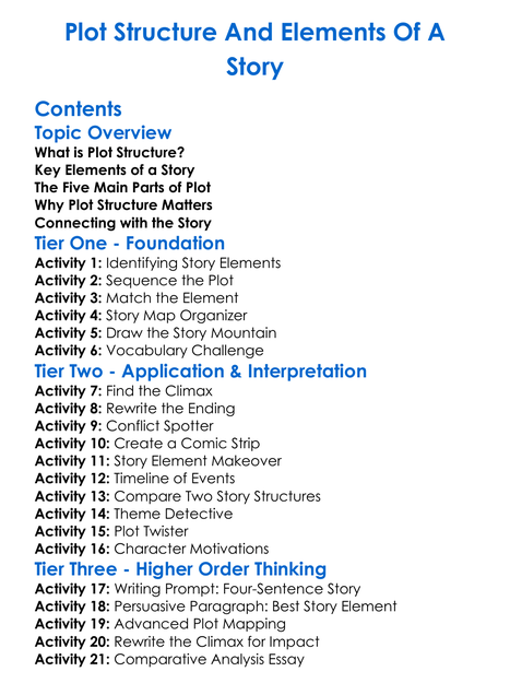 Plot Structure And Elements Of A Story Worksheet Activity Booklet