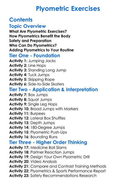 Plyometric Exercises Worksheet Activity Booklet