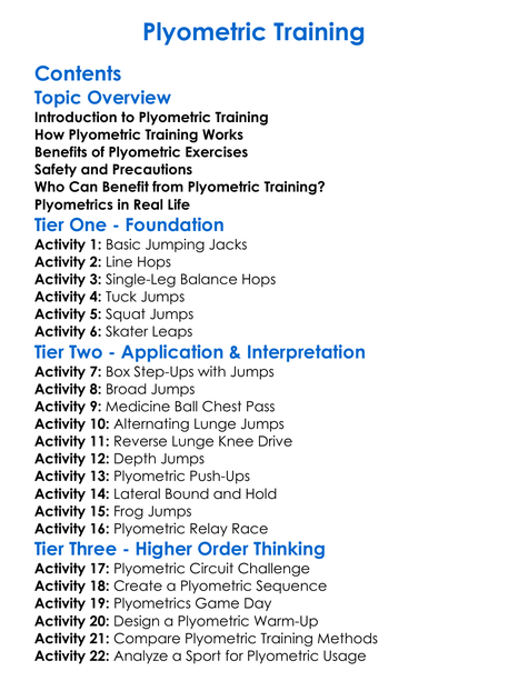 Plyometric Training Worksheet Activity Booklet