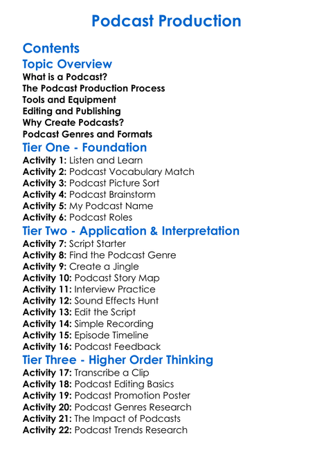 Podcast Production Worksheet Activity Booklet