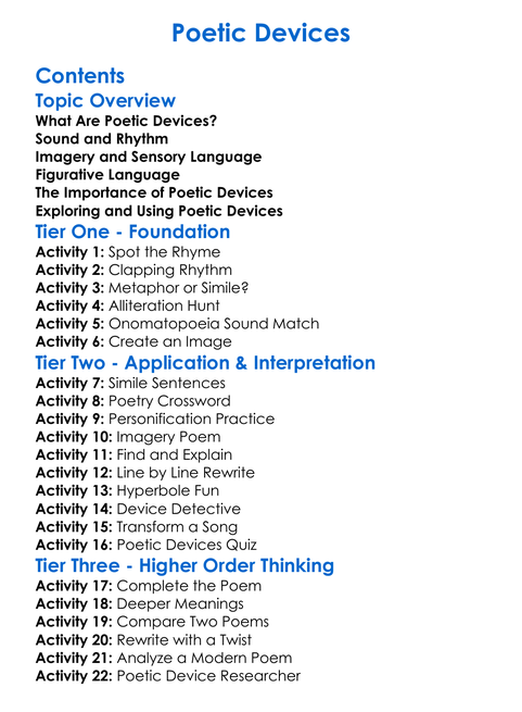 Poetic Devices Worksheet Activity Booklet