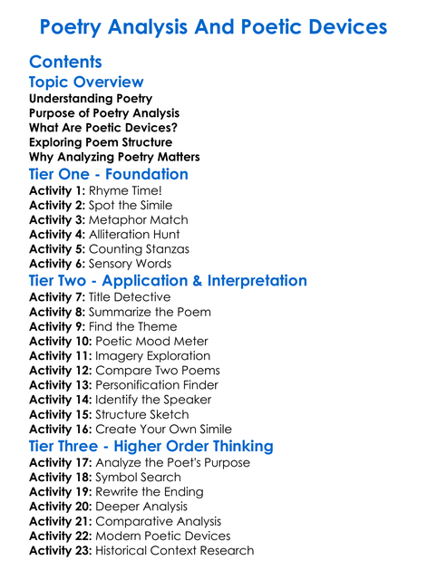 Poetry Analysis And Poetic Devices Worksheet Activity Booklet