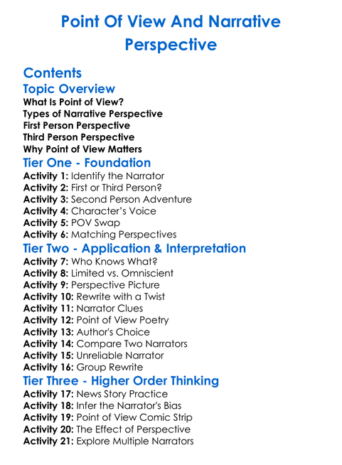 Point Of View And Narrative Perspective Worksheet Activity Booklet