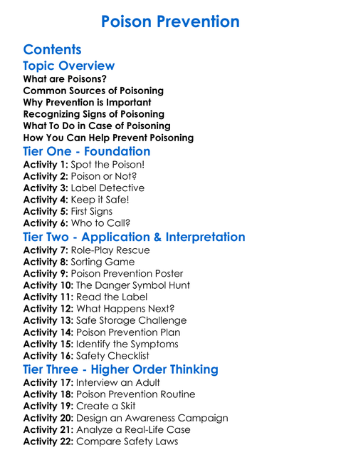 Poison Prevention Worksheet Activity Booklet