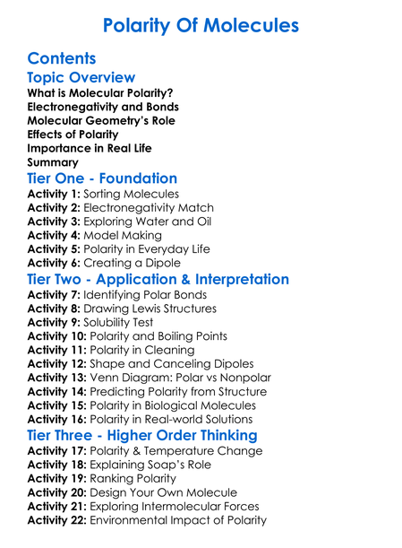 Polarity Of Molecules Worksheet Activity Booklet