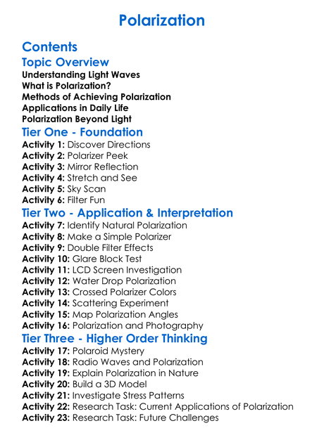 Polarization Worksheet Activity Booklet