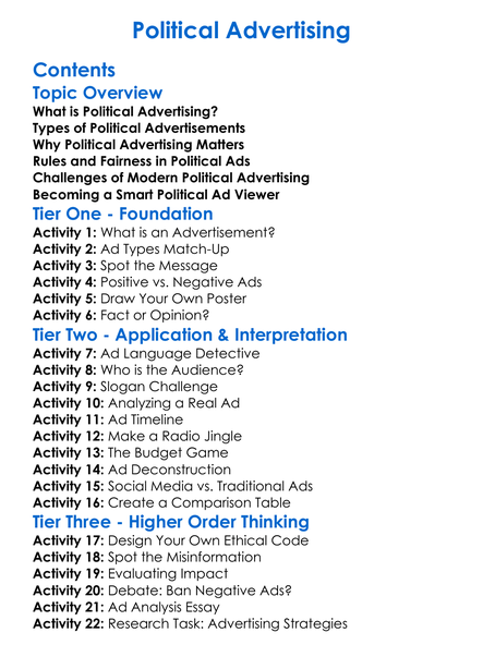 Political Advertising Worksheet Activity Booklet