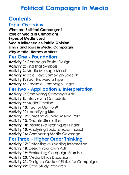 Political Campaigns In Media Worksheet Activity Booklet