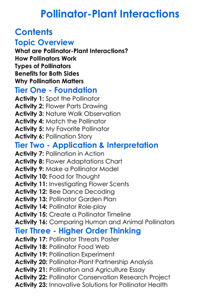Pollinator-Plant Interactions Worksheet Activity Booklet