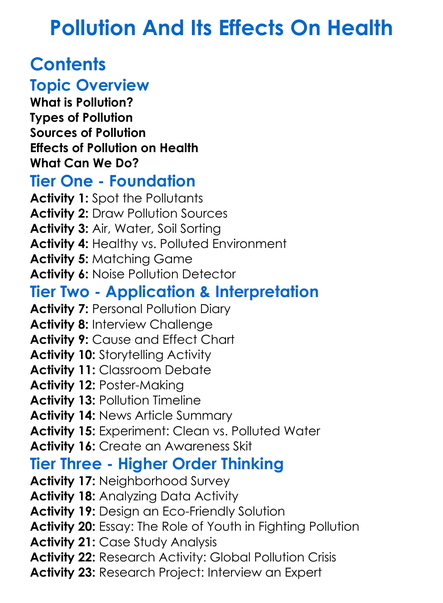 Pollution And Its Effects On Health Worksheet Activity Booklet