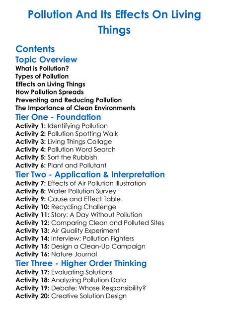 Pollution And Its Effects On Living Things Worksheet Activity Booklet