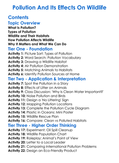 Pollution And Its Effects On Wildlife Worksheet Activity Booklet