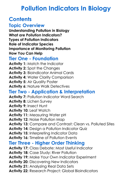 Pollution Indicators In Biology Worksheet Activity Booklet