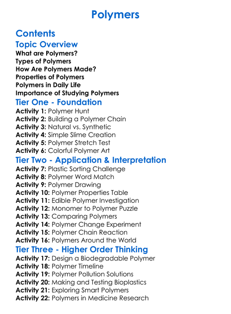 Polymers Worksheet Activity Booklet