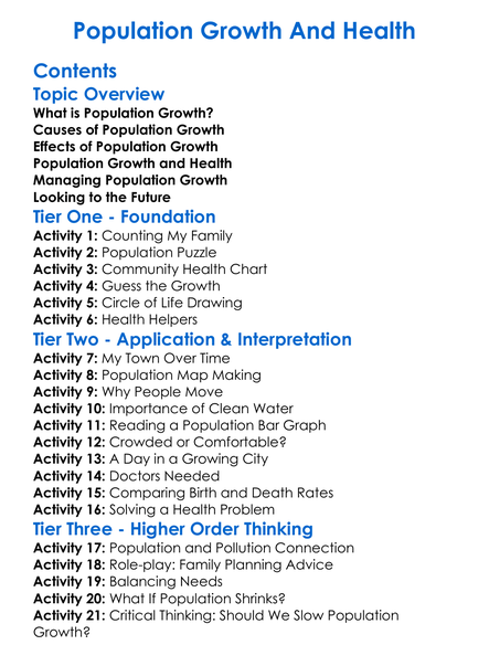 Population Growth And Health Worksheet Activity Booklet