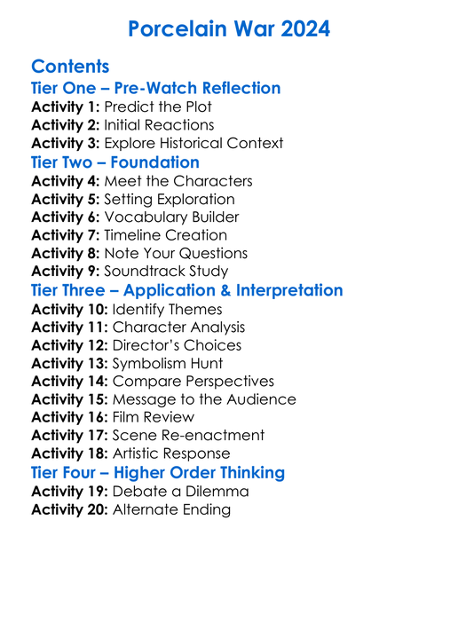 Porcelain War 2024 Worksheet Activity Booklet
