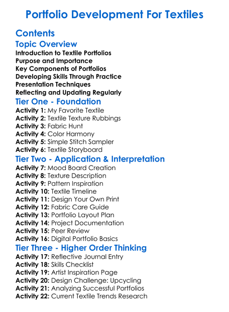 Portfolio Development For Textiles Worksheet Activity Booklet