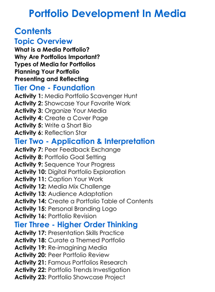 Portfolio Development In Media Worksheet Activity Booklet