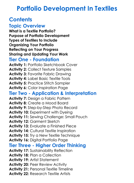 Portfolio Development In Textiles Worksheet Activity Booklet