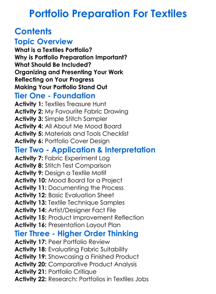 Portfolio Preparation For Textiles Worksheet Activity Booklet
