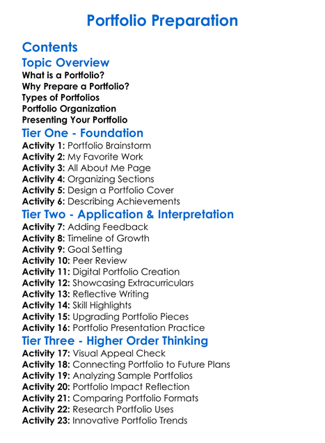 Portfolio Preparation Worksheet Activity Booklet