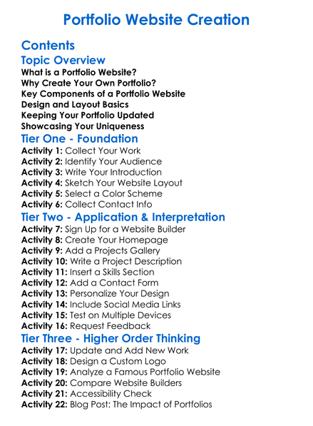 Portfolio Website Creation Worksheet Activity Booklet
