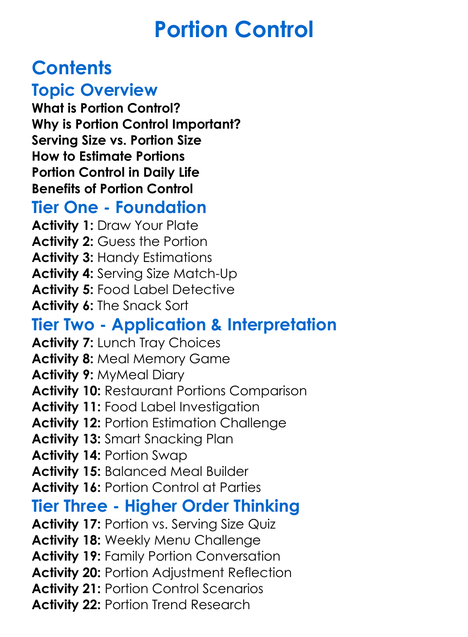 Portion Control Worksheet Activity Booklet