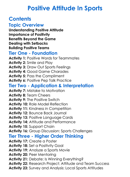 Positive Attitude In Sports Worksheet Activity Booklet