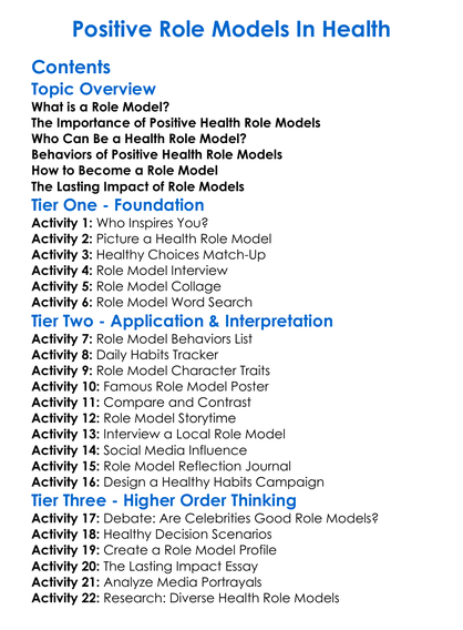 Positive Role Models In Health Worksheet Activity Booklet