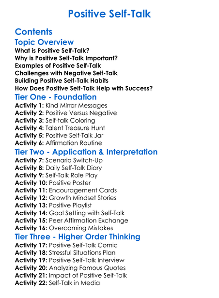 Positive Self-Talk Worksheet Activity Booklet