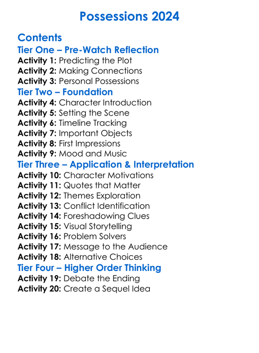 Possessions 2024 Worksheet Activity Booklet
