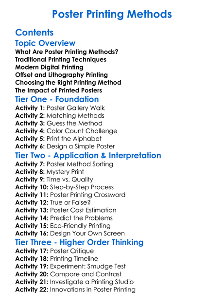 Poster Printing Methods Worksheet Activity Booklet