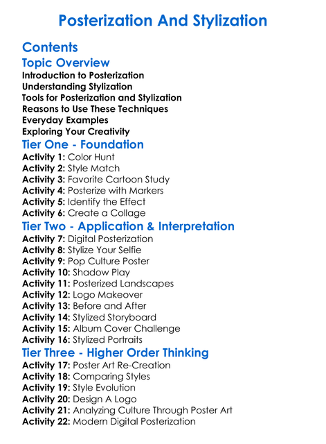 Posterization And Stylization Worksheet Activity Booklet