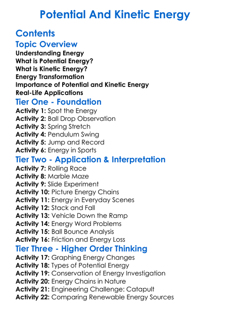 Potential And Kinetic Energy Worksheet Activity Booklet