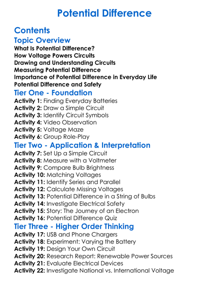 Potential Difference Worksheet Activity Booklet