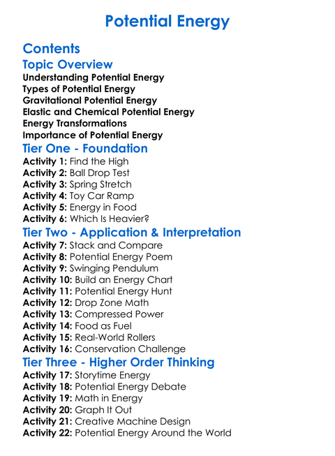 Potential Energy Worksheet Activity Booklet