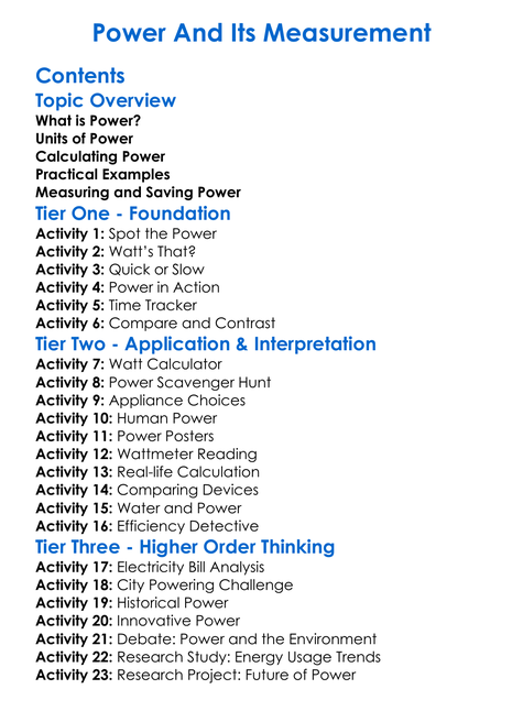 Power And Its Measurement Worksheet Activity Booklet