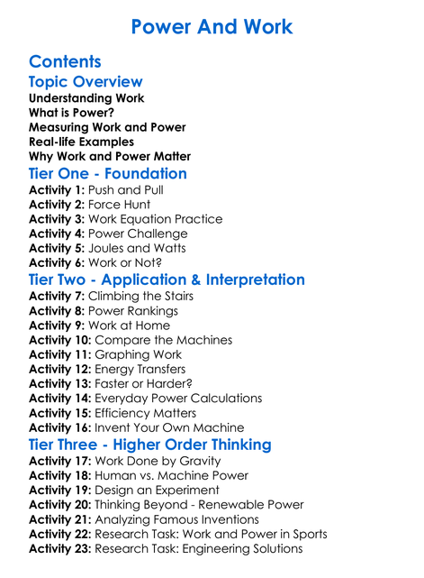 Power And Work Worksheet Activity Booklet