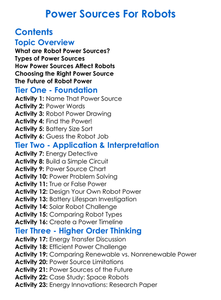 Power Sources For Robots Worksheet Activity Booklet