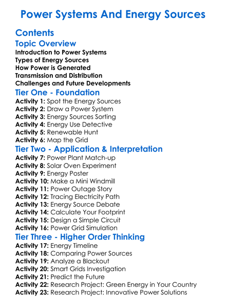 Power Systems And Energy Sources Worksheet Activity Booklet