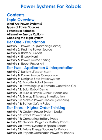 Power Systems For Robots Worksheet Activity Booklet