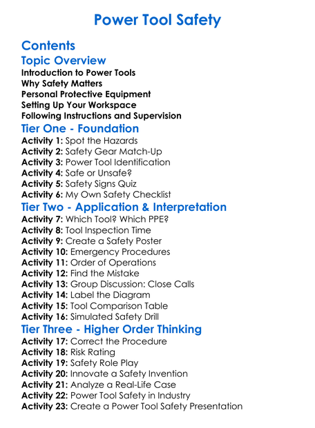 Power Tool Safety Worksheet Activity Booklet