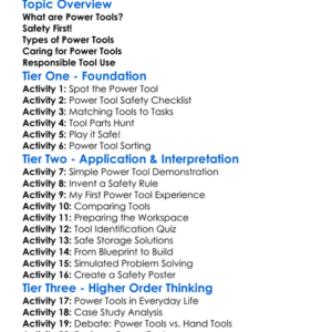 Power Tools Usage Worksheet Activity Booklet