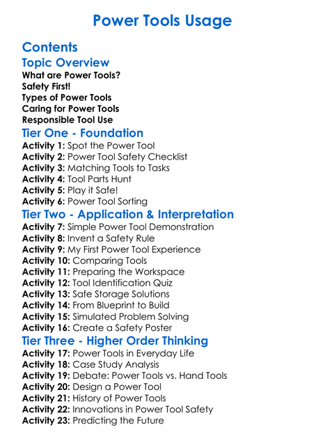 Power Tools Usage Worksheet Activity Booklet