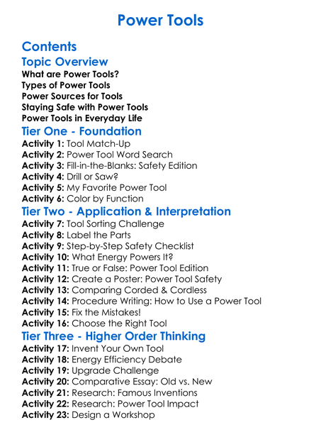 Power Tools Worksheet Activity Booklet