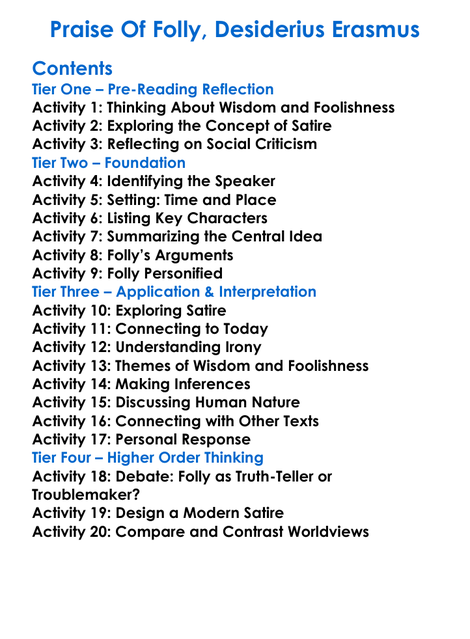 Praise Of Folly Desiderius Erasmus Worksheet Activity Booklet