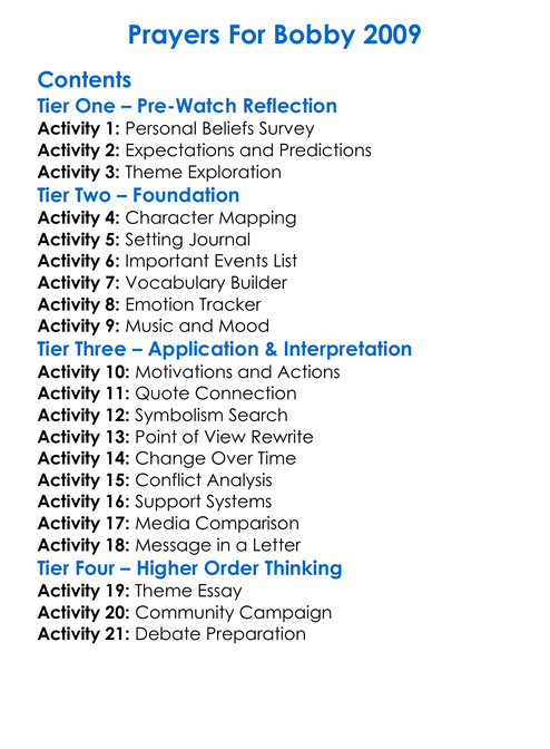 Prayers For Bobby 2009 Worksheet Activity Booklet