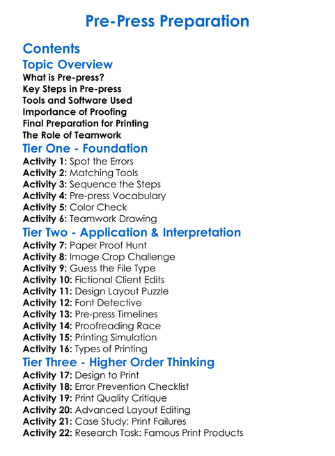 Pre-Press Preparation Worksheet Activity Booklet