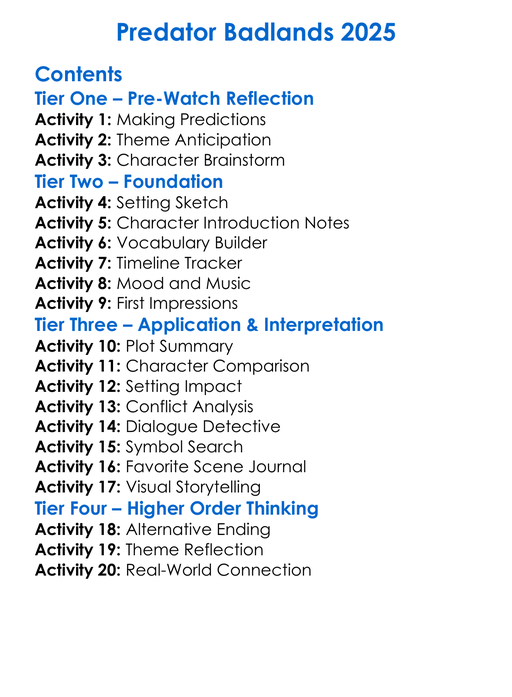 Predator Badlands 2025 Worksheet Activity Booklet