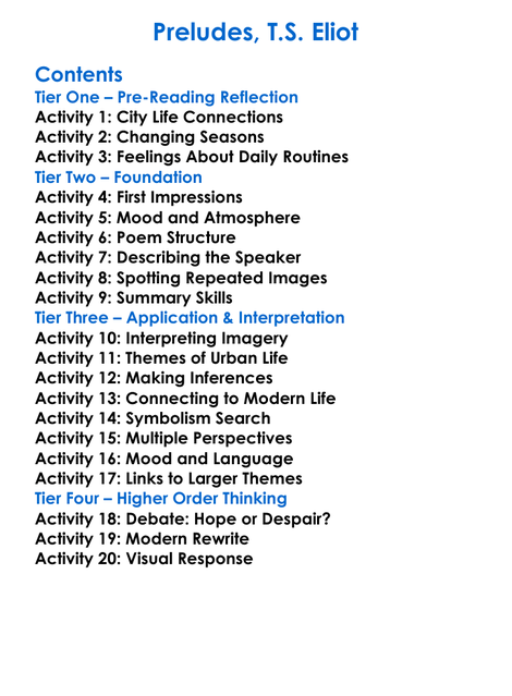 Preludes Ts Eliot Worksheet Activity Booklet